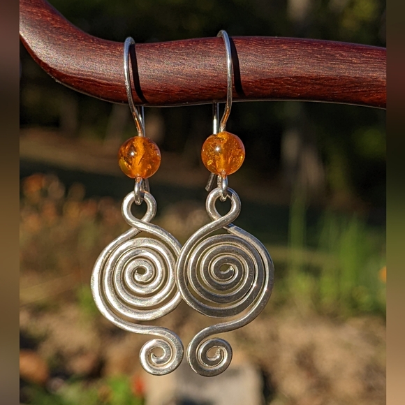 Sterling Silver Baltic Amber Earrings Tribal Spiral Metallic Statement - Picture 2 of 16